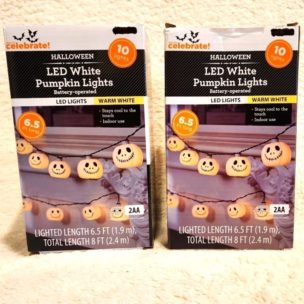New 2 pack of 10-Count Battery Operated White Pumpkin Lights with Warm White LED